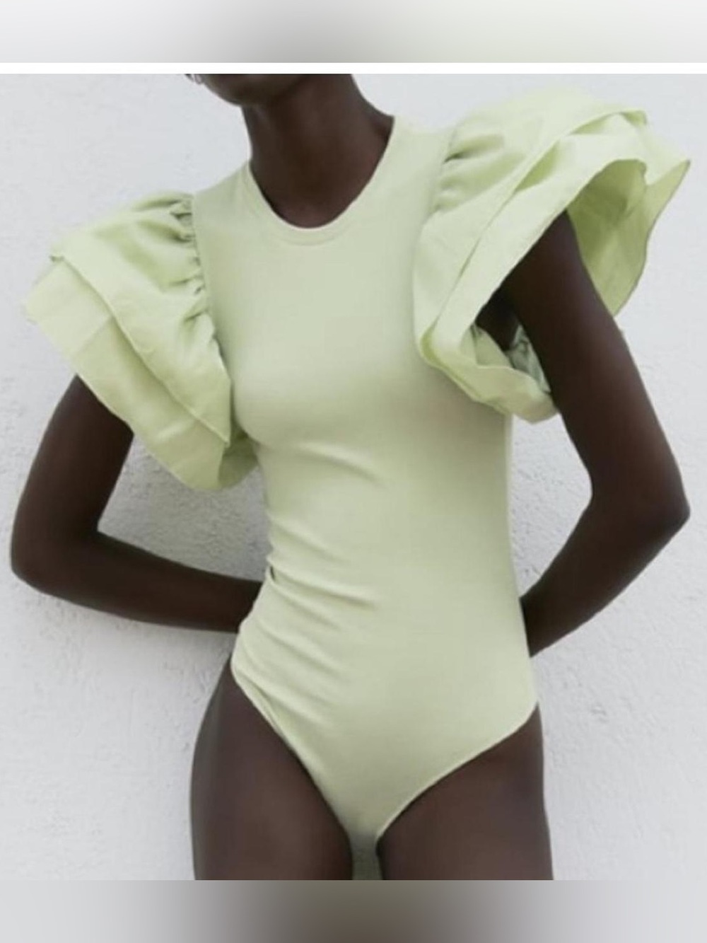 Zara Pale Green Ruffle-Sleeve Bodysuit